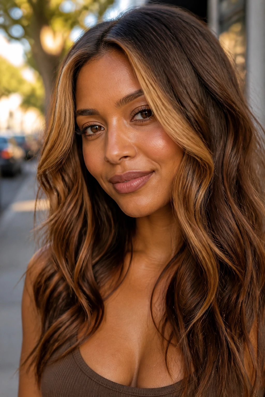 Close-up of a real woman with honey strawberry face-framing pieces.
