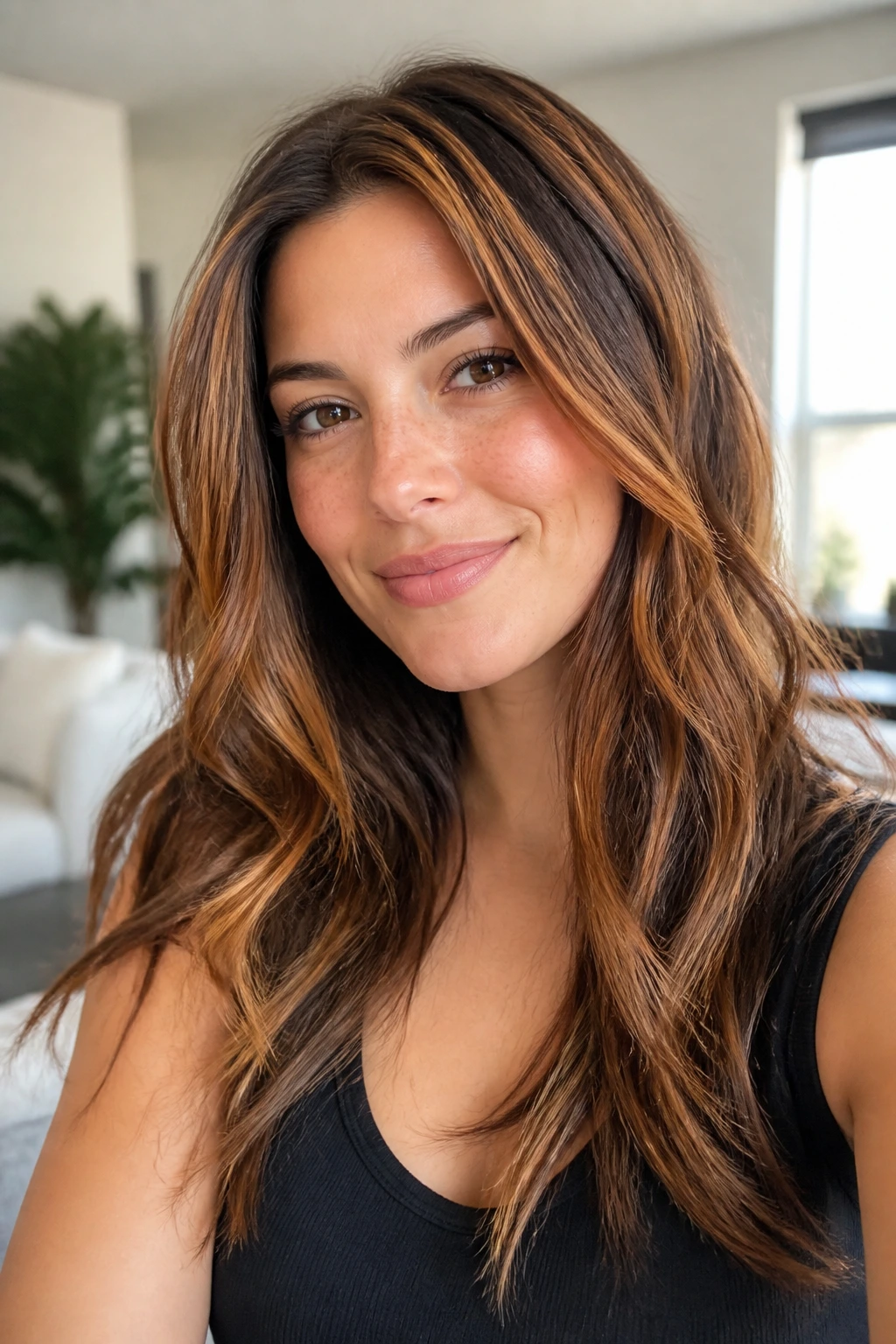 Close-up of brunette with honey strawberry streaks through top and sides