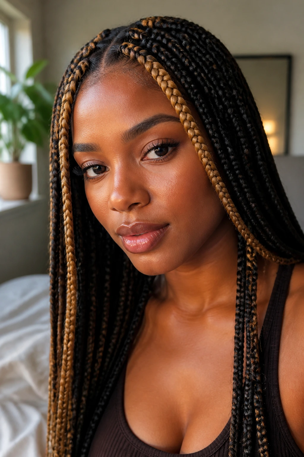 Close-up portrait of a real person with honey streaks in box braids framing the face