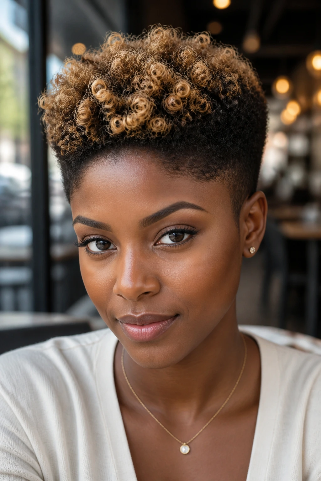 Portrait of a person with bright honey streaks on a tapered cut