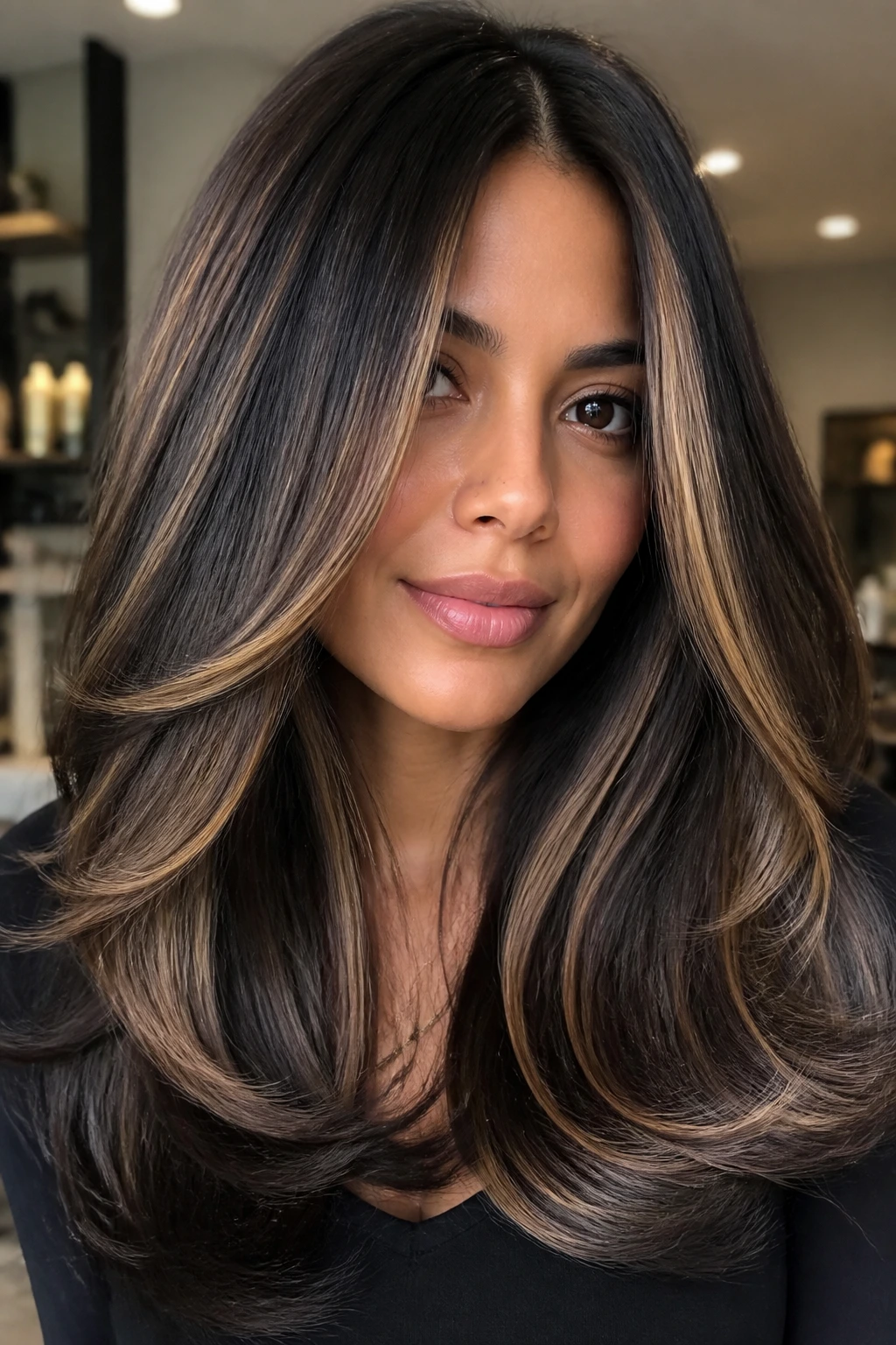 Close-up of thick hair with honey streaks in a sleek blowout under warm lighting