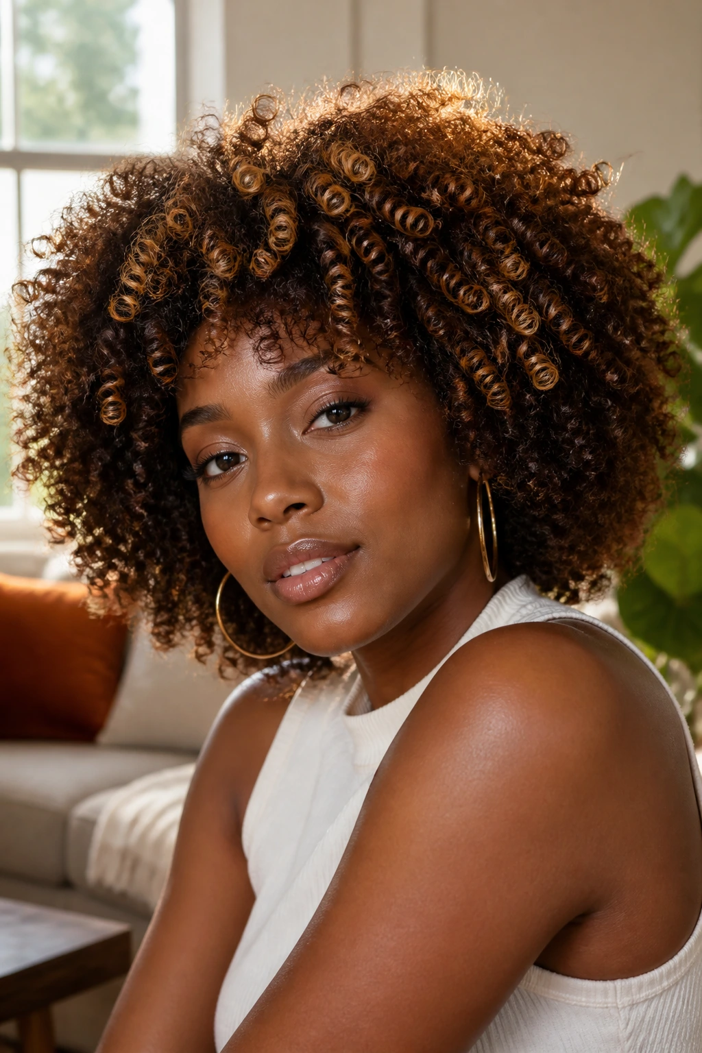 Close-up of a real person with curly fro and honey-taffy ringlets.