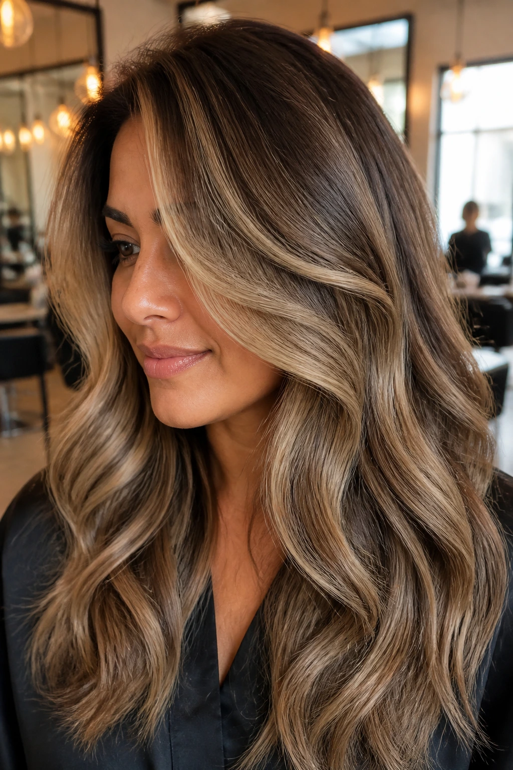 Close-up of a real person with honey-taupe balayage on thick hair, warm lighting.