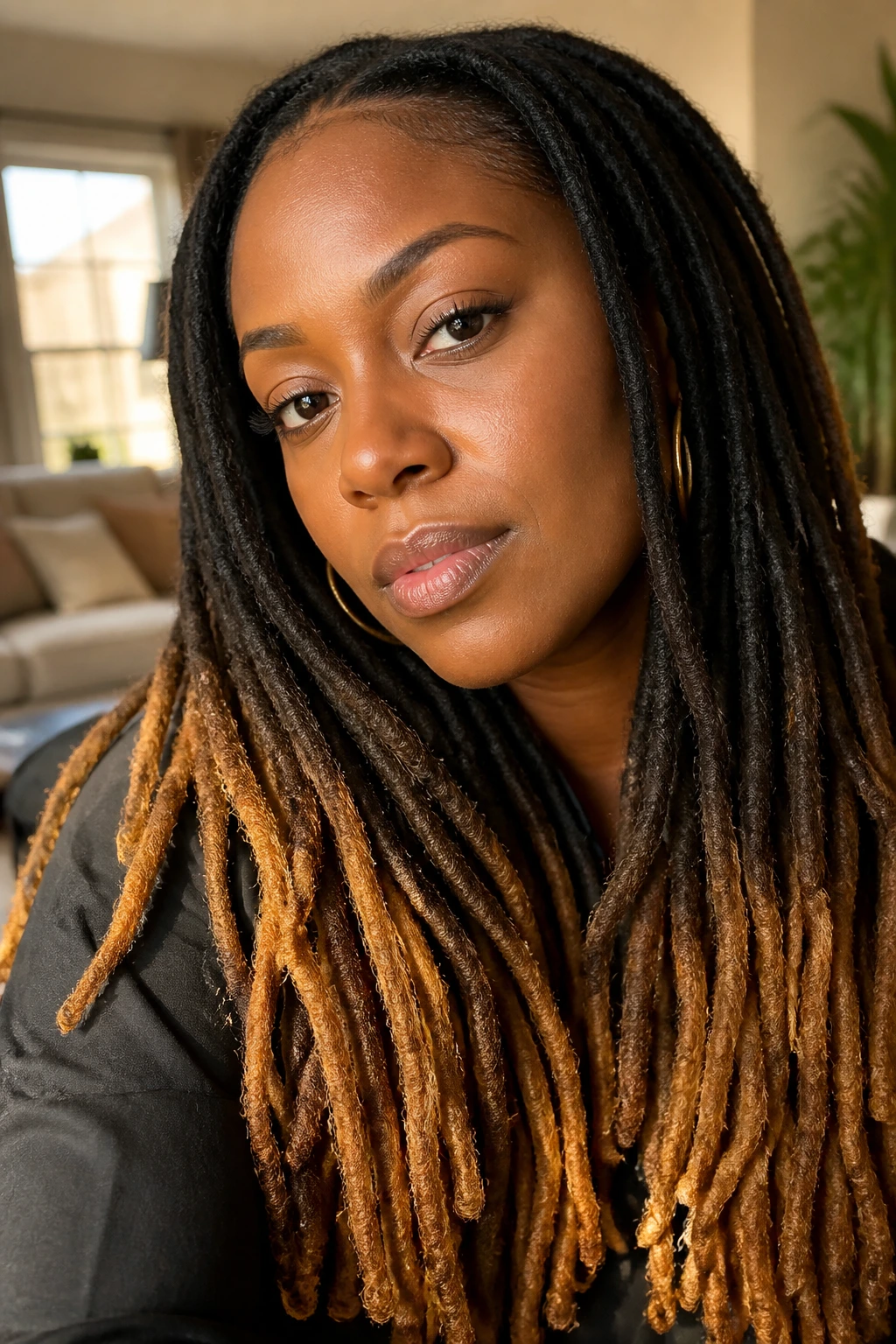 Close-up of a real person with honey-tipped locs and dark midsections under warm window light.