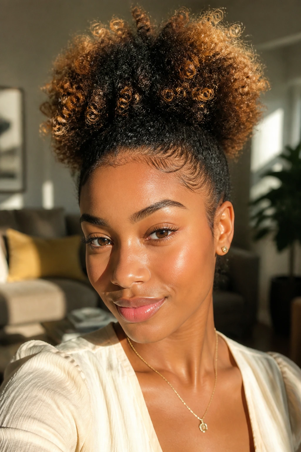 Close-up of a real woman with honey-tipped afro puff haloing her face
