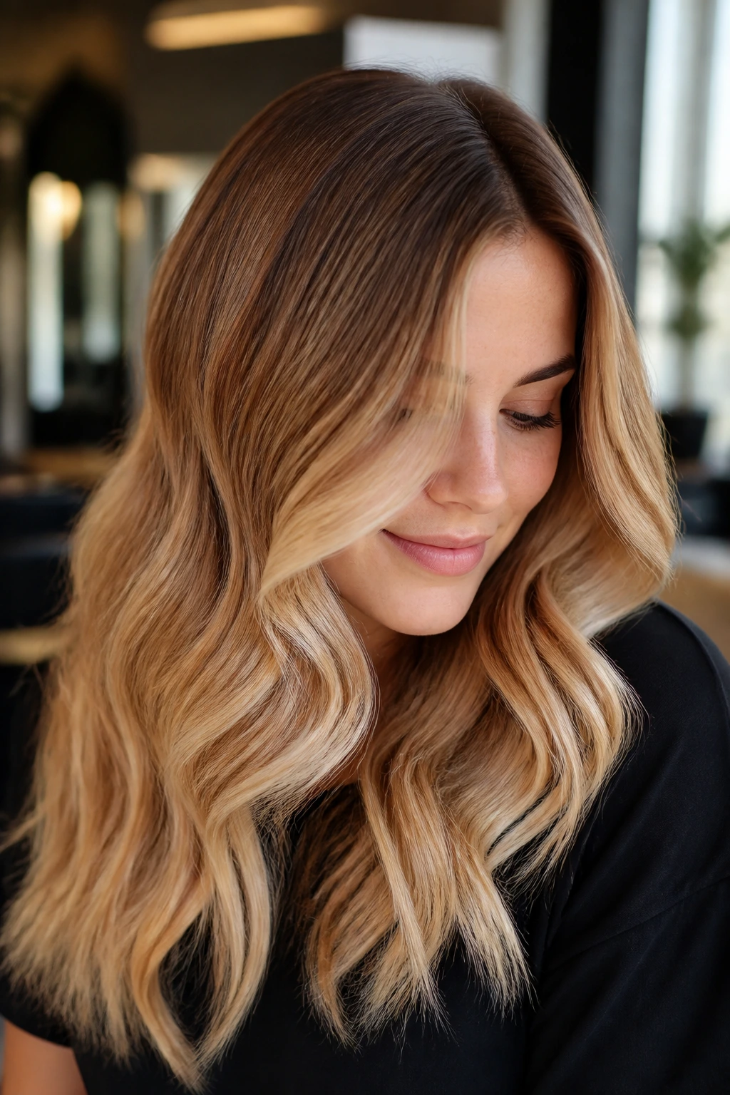 Close-up of real woman's hair in Honey Toast Ombré from root to ends