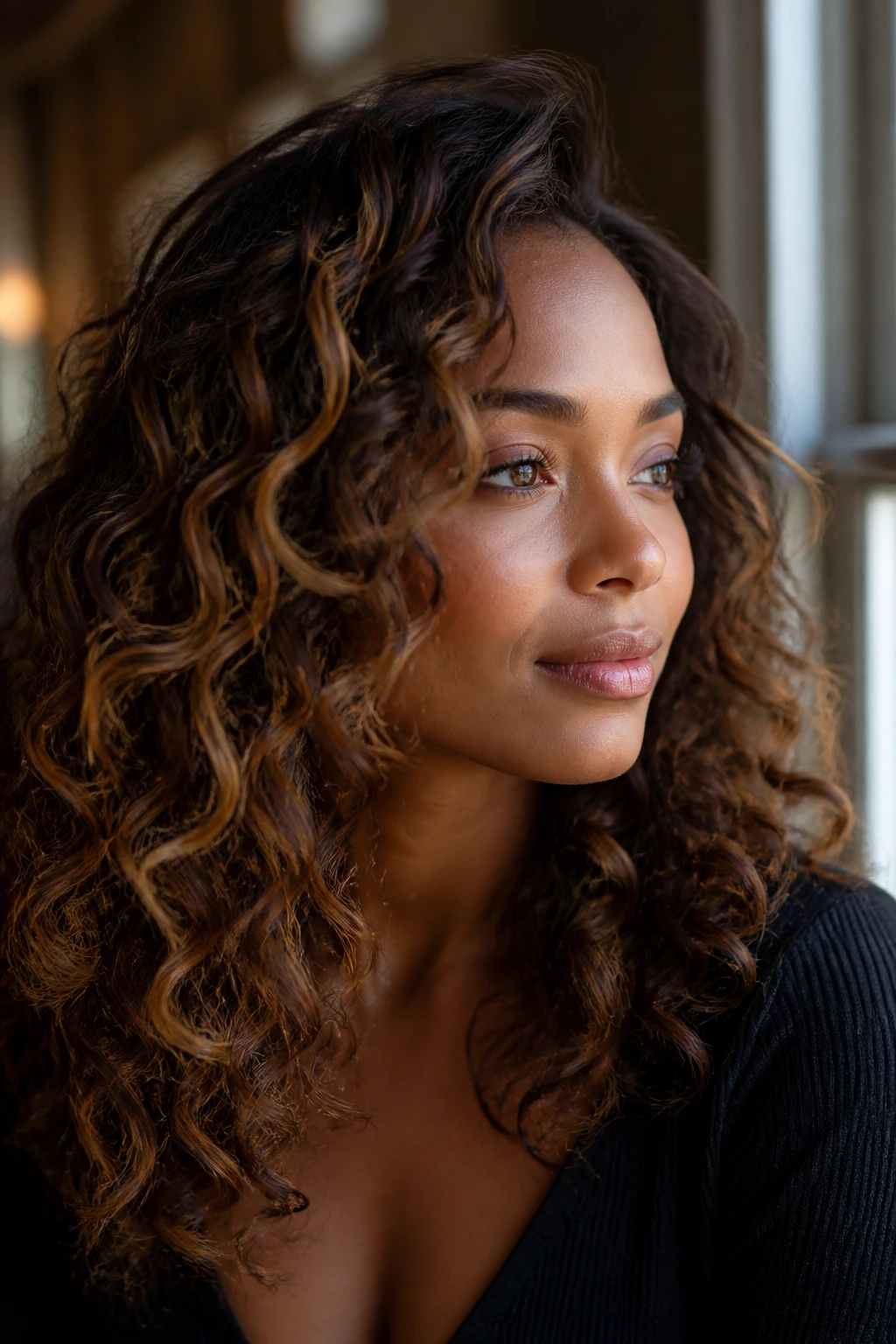 Close-up of a real person with honey-tobacco balayage on loose curls