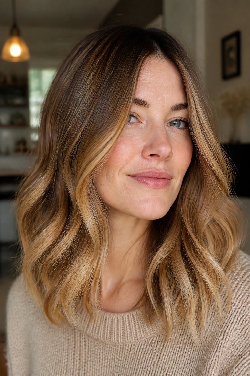 Portrait of a woman with honey-toffee balayage showing diagonal color