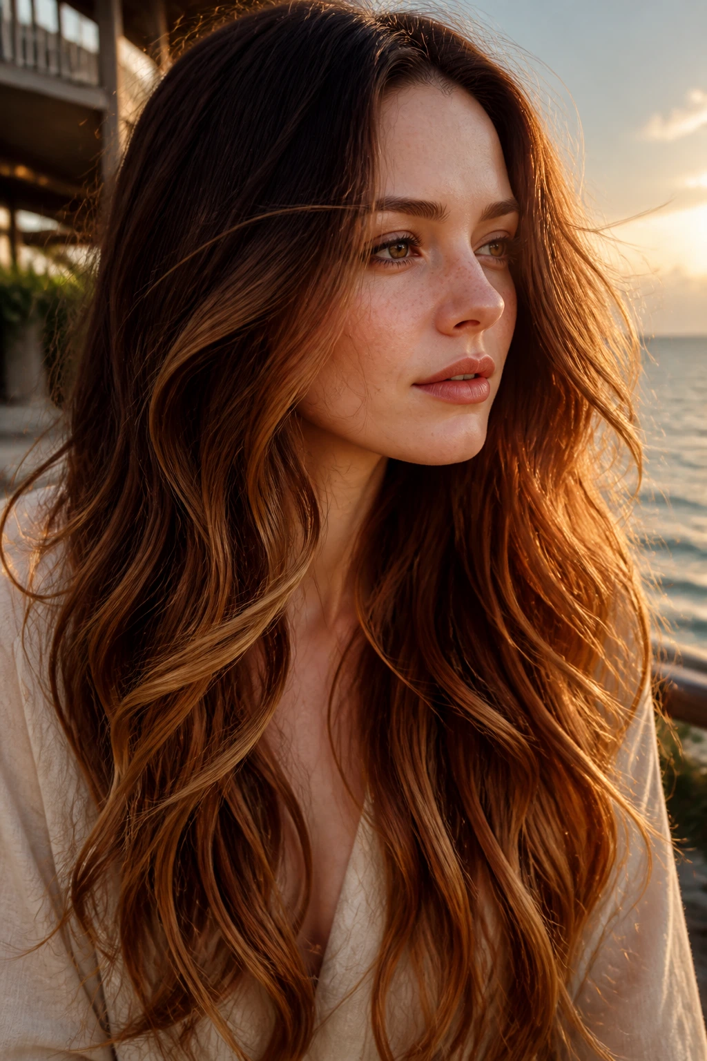 Portrait of a real woman with Honey Toffee Melt on long waves, warm gradient from root to ends