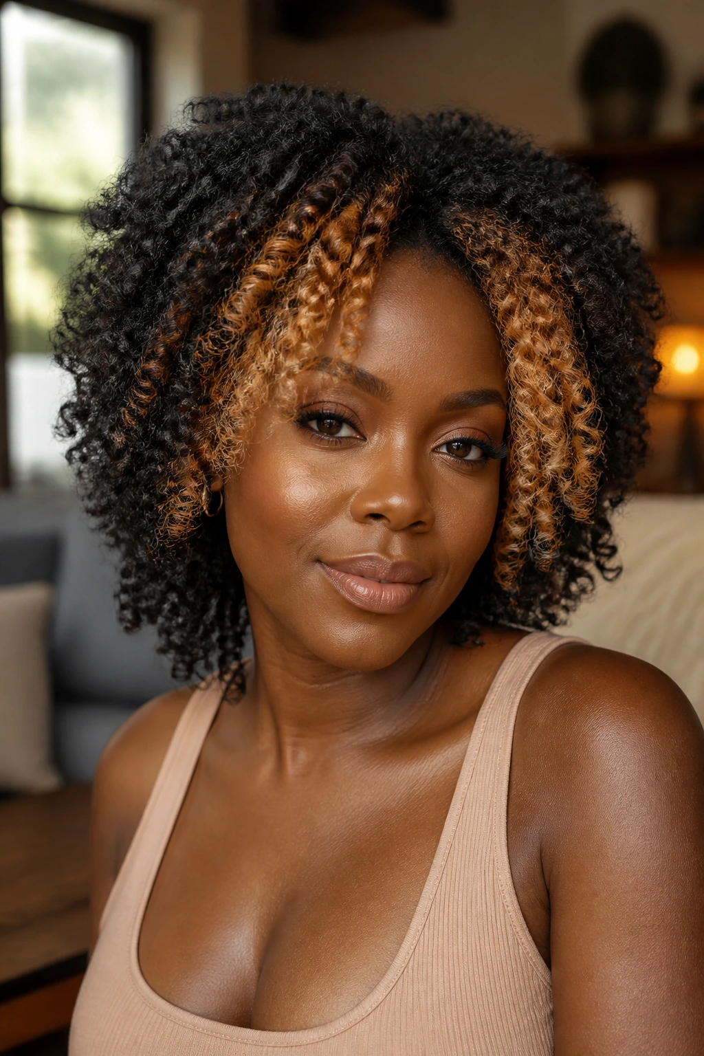 Portrait of a woman with natural coils and honey face-frame highlights