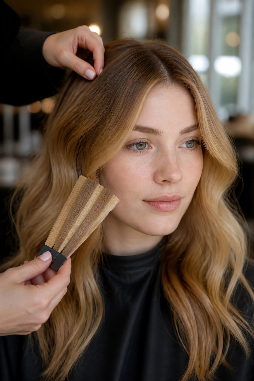 Close up of a real client in a salon showing honey balayage on pale skin