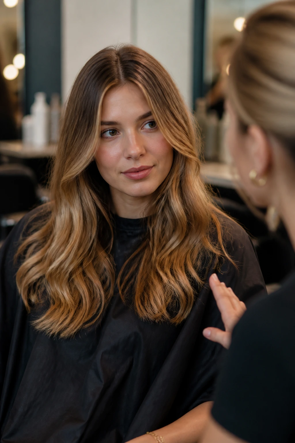 Person in salon chair discussing honey-tone hair color with colorist