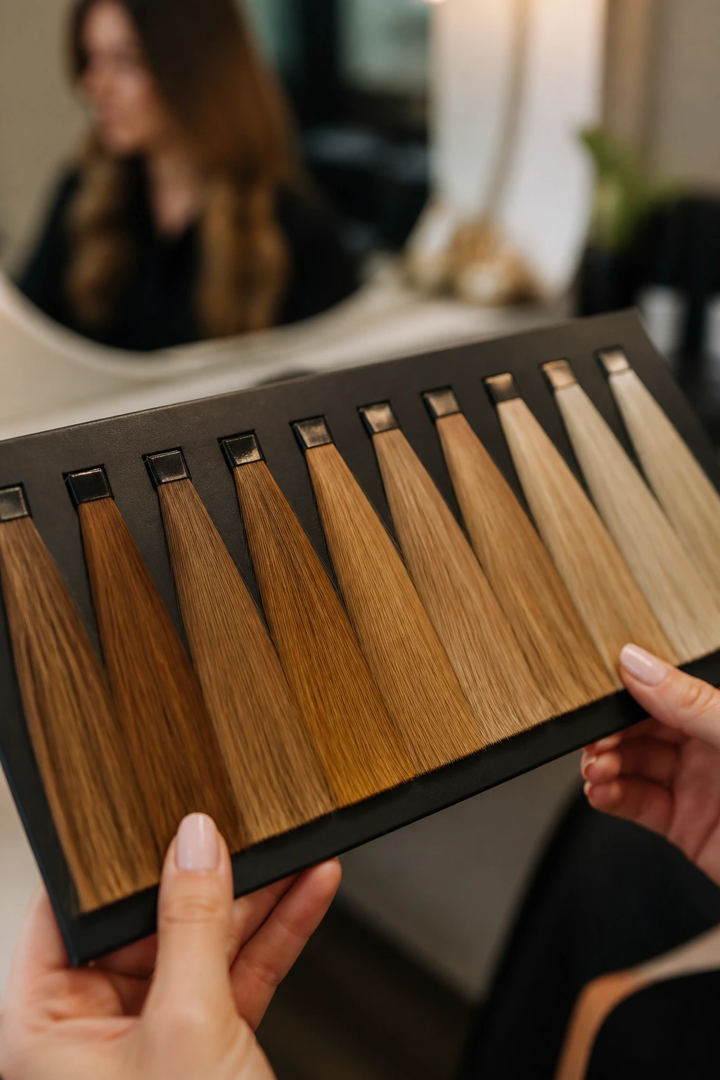 Close-up of honey-tone hair color swatches on a color board in a salon