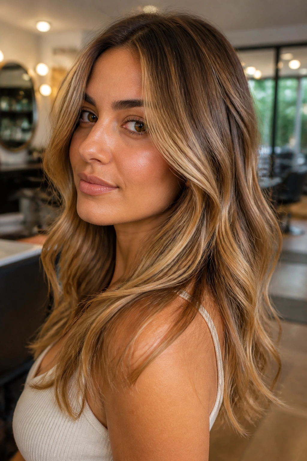 Close-up portrait of olive-skinned person with beige-gold to caramel honey hair tones.