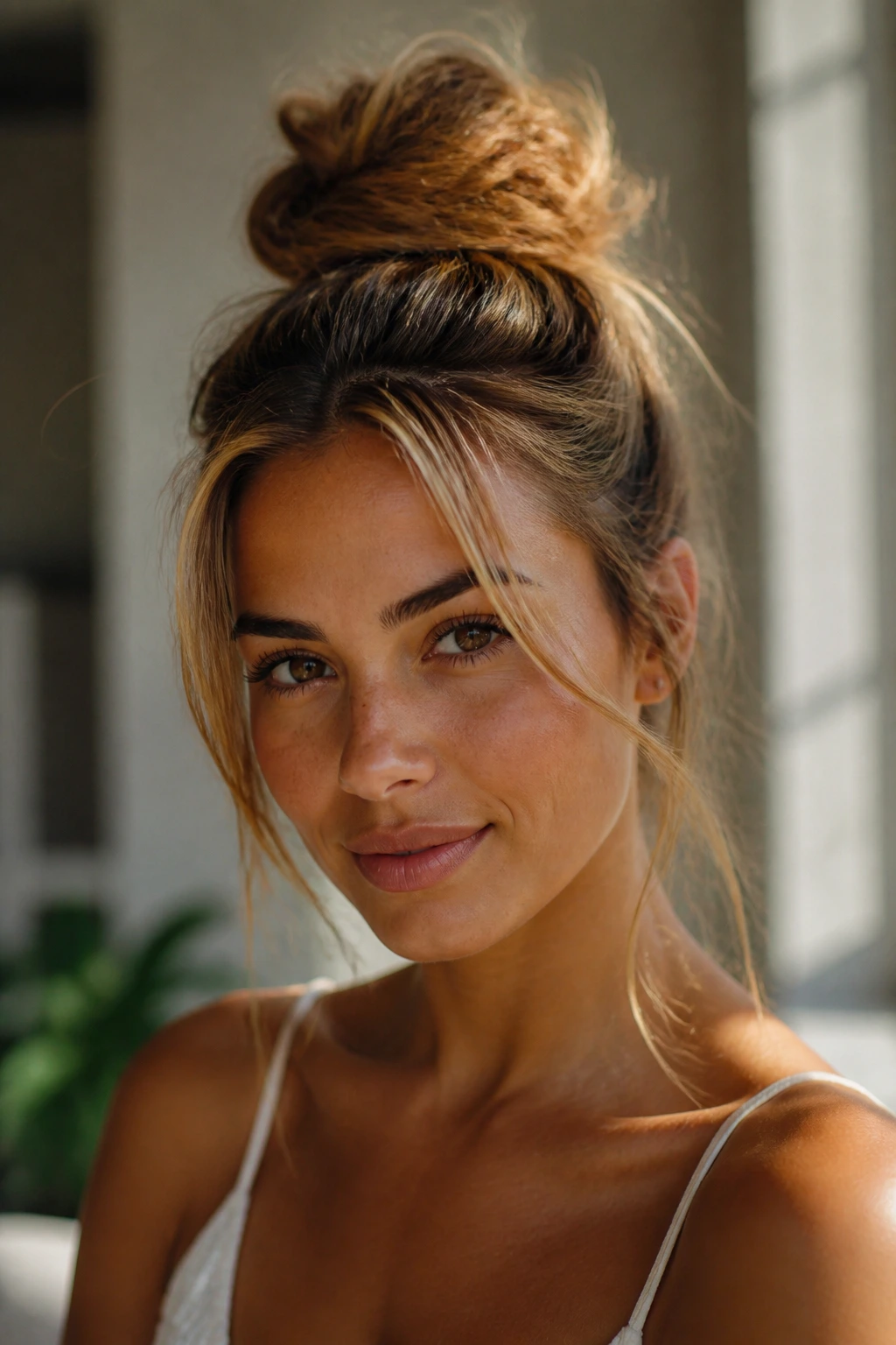 Close-up of a real woman with a honeyed top knot and face-framing pieces