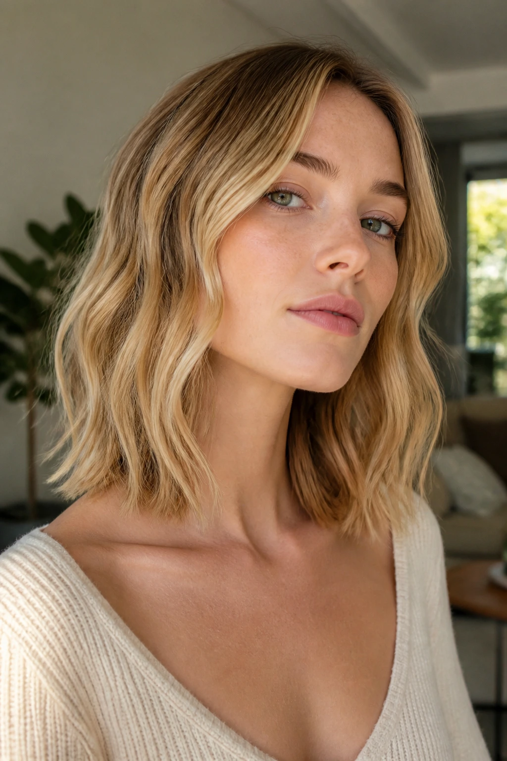 Close-up portrait of a real woman with a collarbone-length honey-vanilla hair, warm tones.