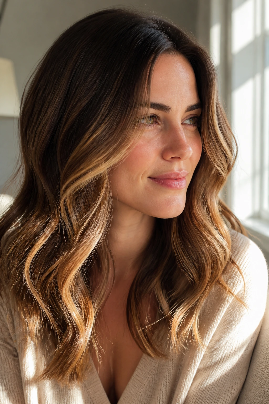 Close-up of a real person with honey walnut waves