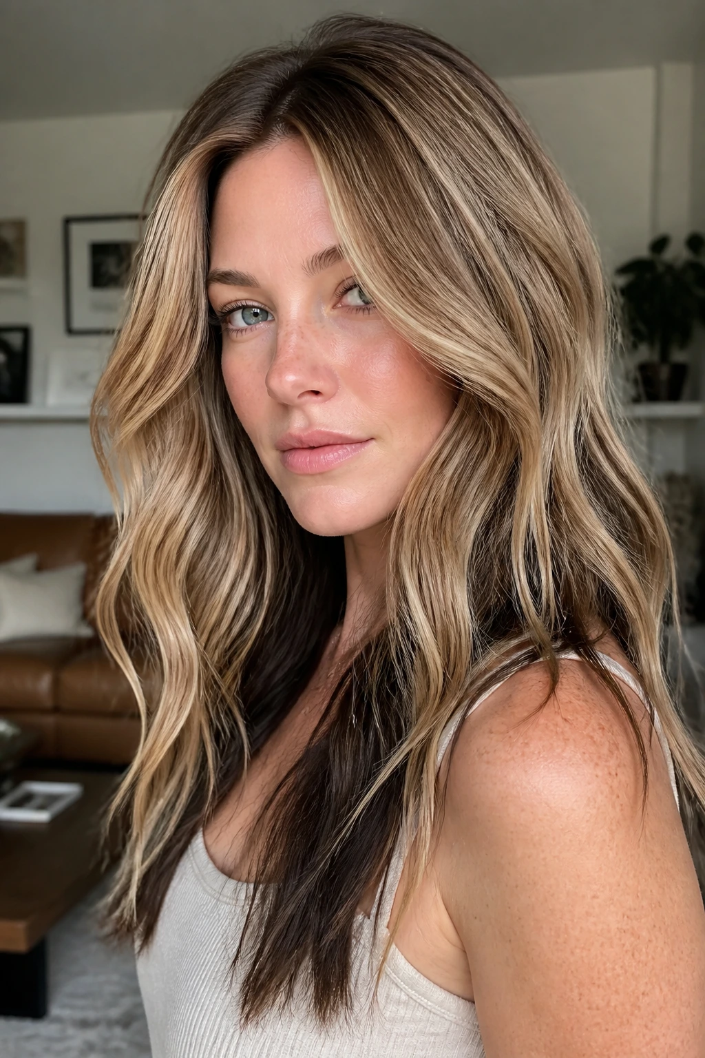 Close-up portrait of a real woman with honey blonde waves and espresso underlayer