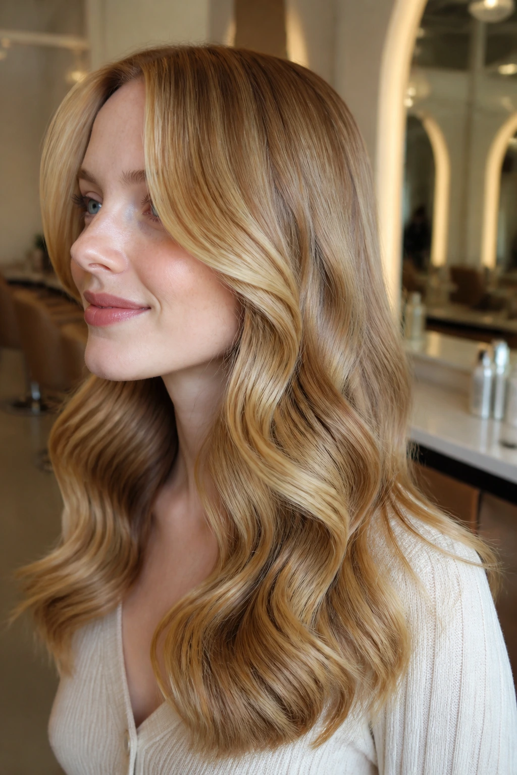 Real woman with polished honey waves halfway down hair