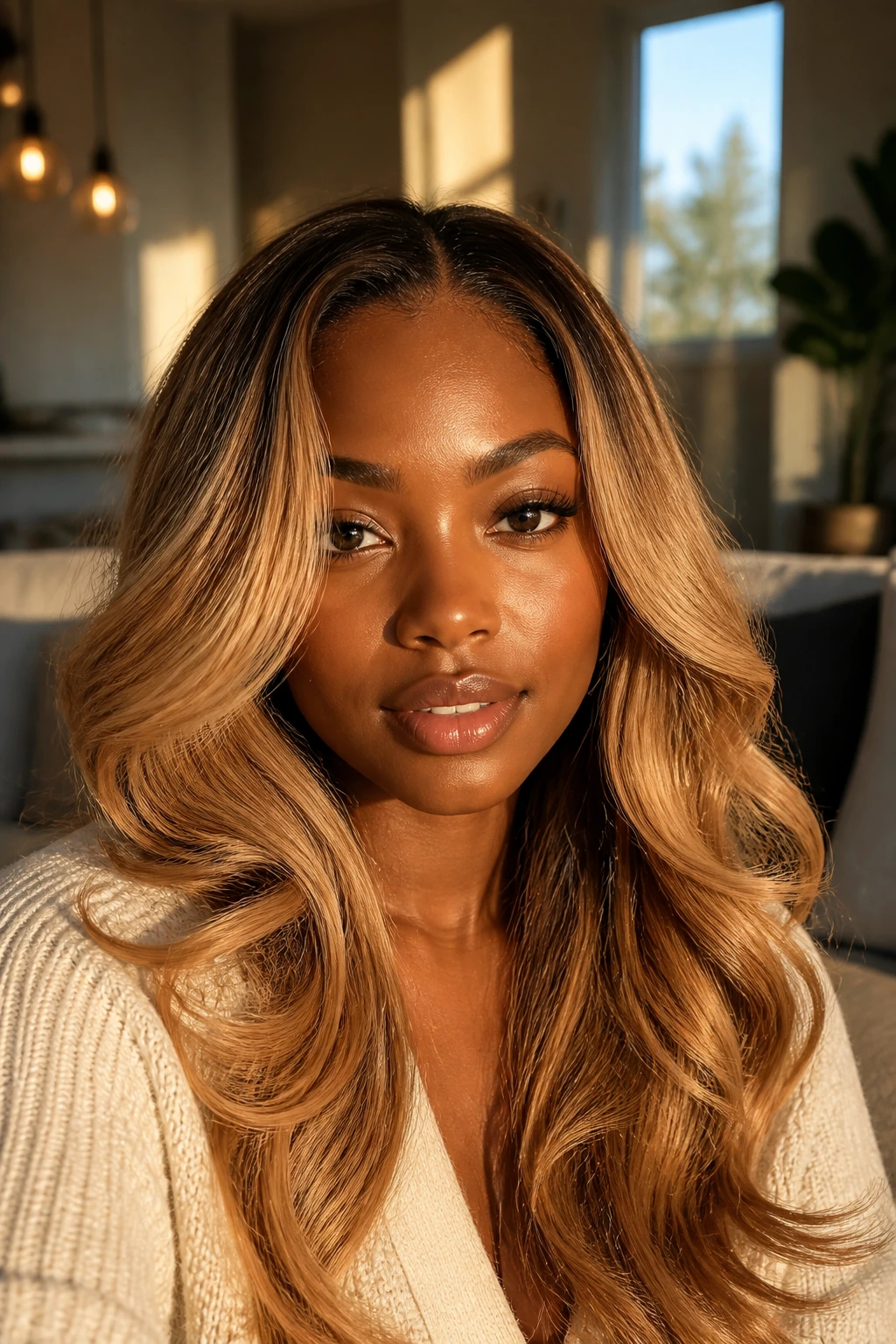 Close-up portrait of a real woman with honey blonde hair on deep skin in warm golden hour light