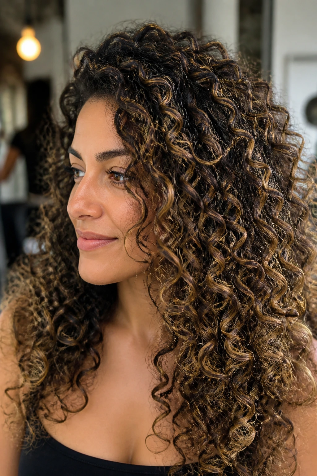Close-up of dark curls with tiny honeycomb micro-lights woven through the hair
