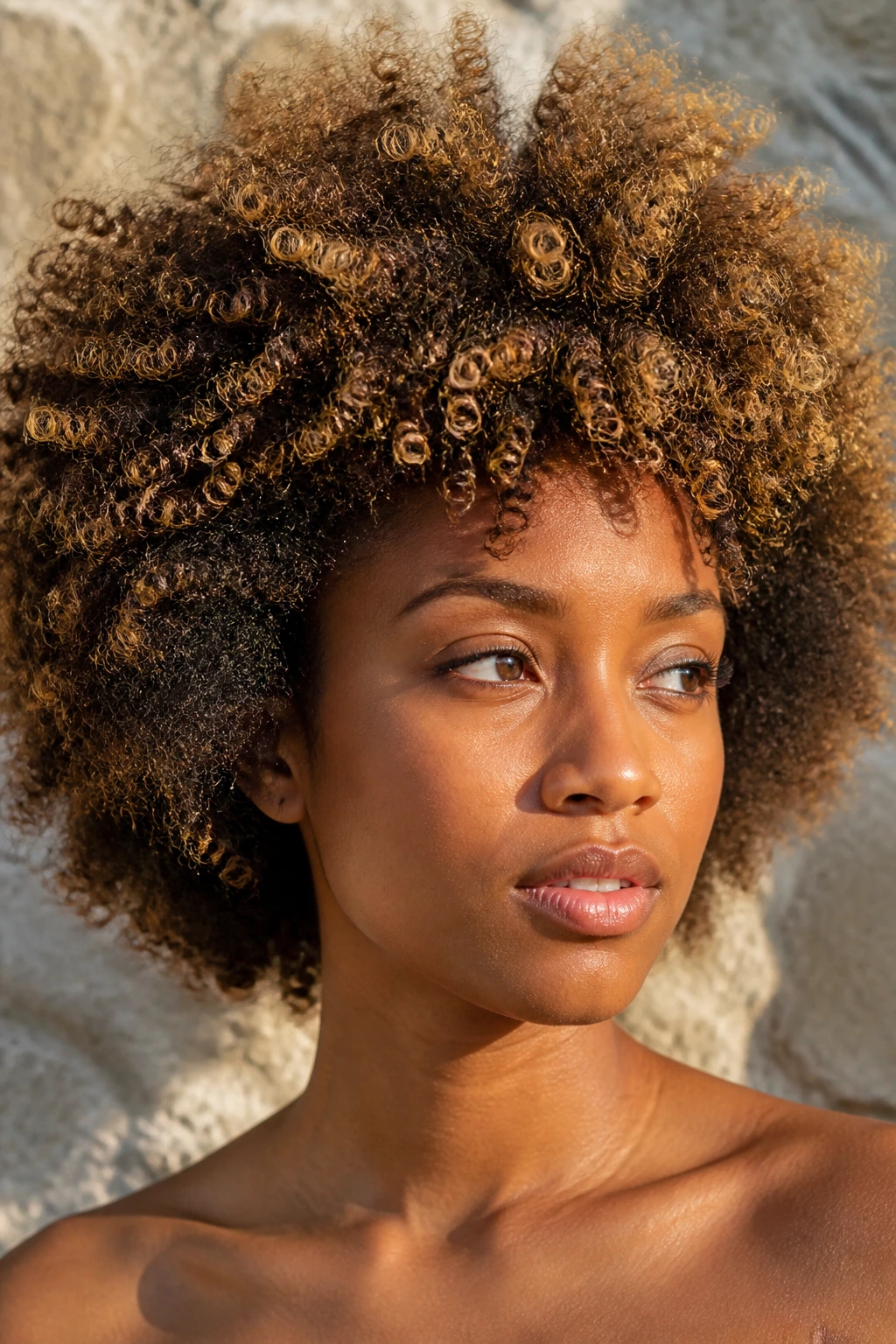 Close-up of a real person with textured afro and honeyed highlights around the halo