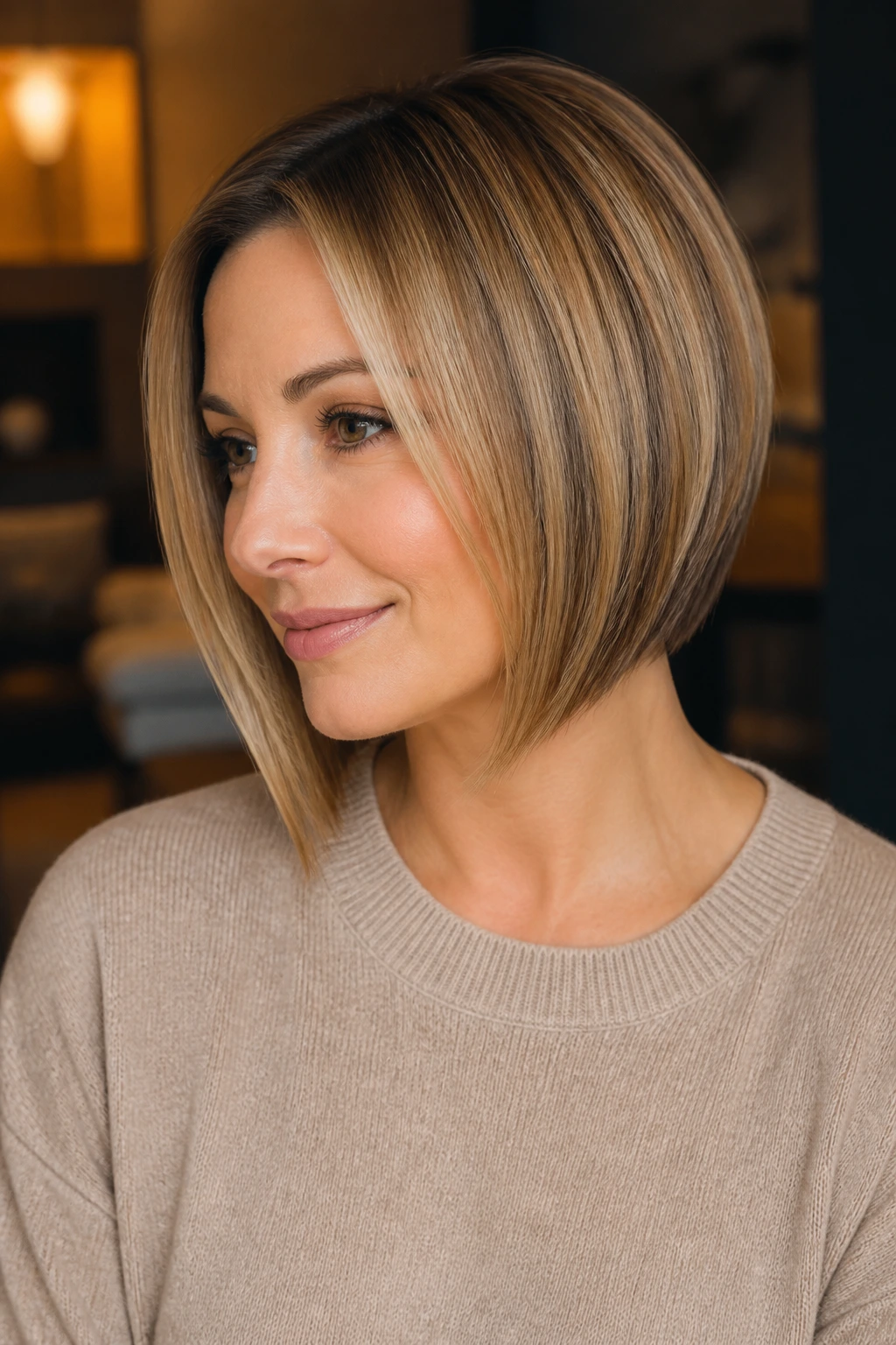 Close-up of a real person with honeyed angled bob hairstyle