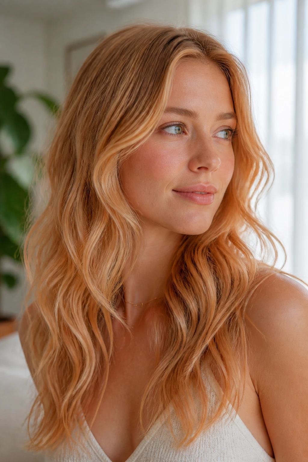Close-up of a real woman with honeyed apricot melt hair in bright living room lighting