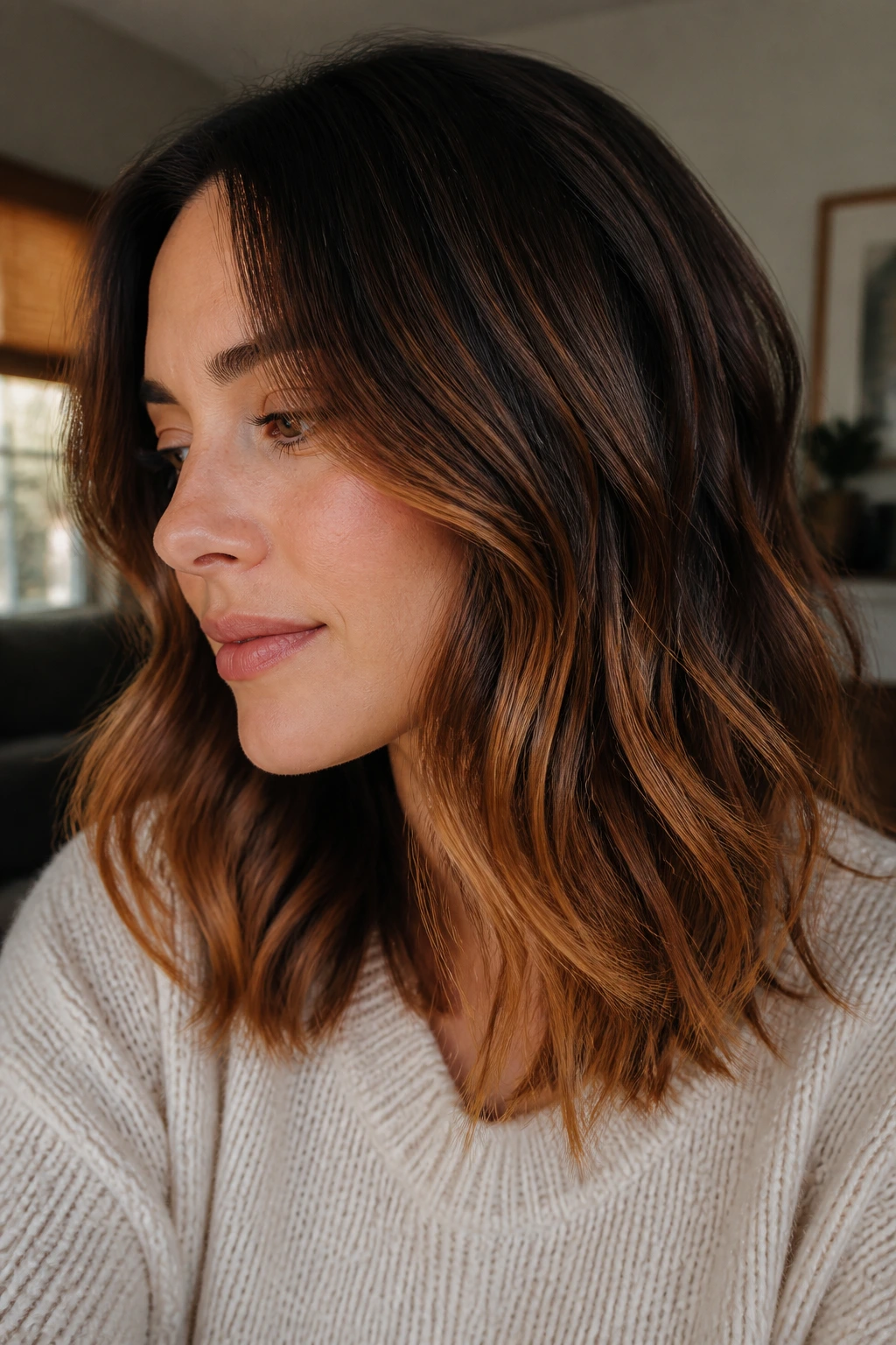 Close-up of shoulder-length hair with honeyed auburn ends