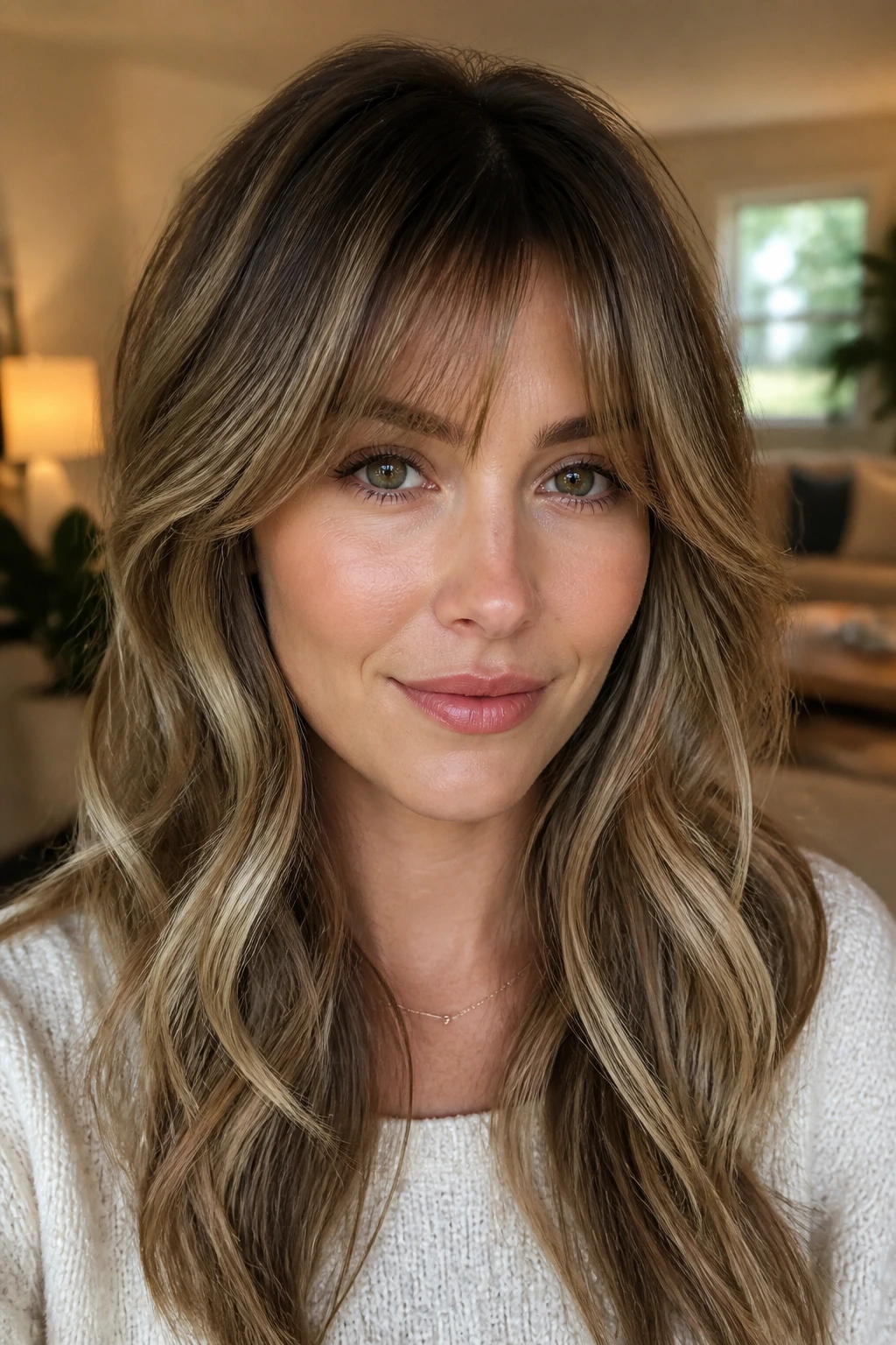 Real woman with honeyed balayage and bottleneck bangs in warm indoor light