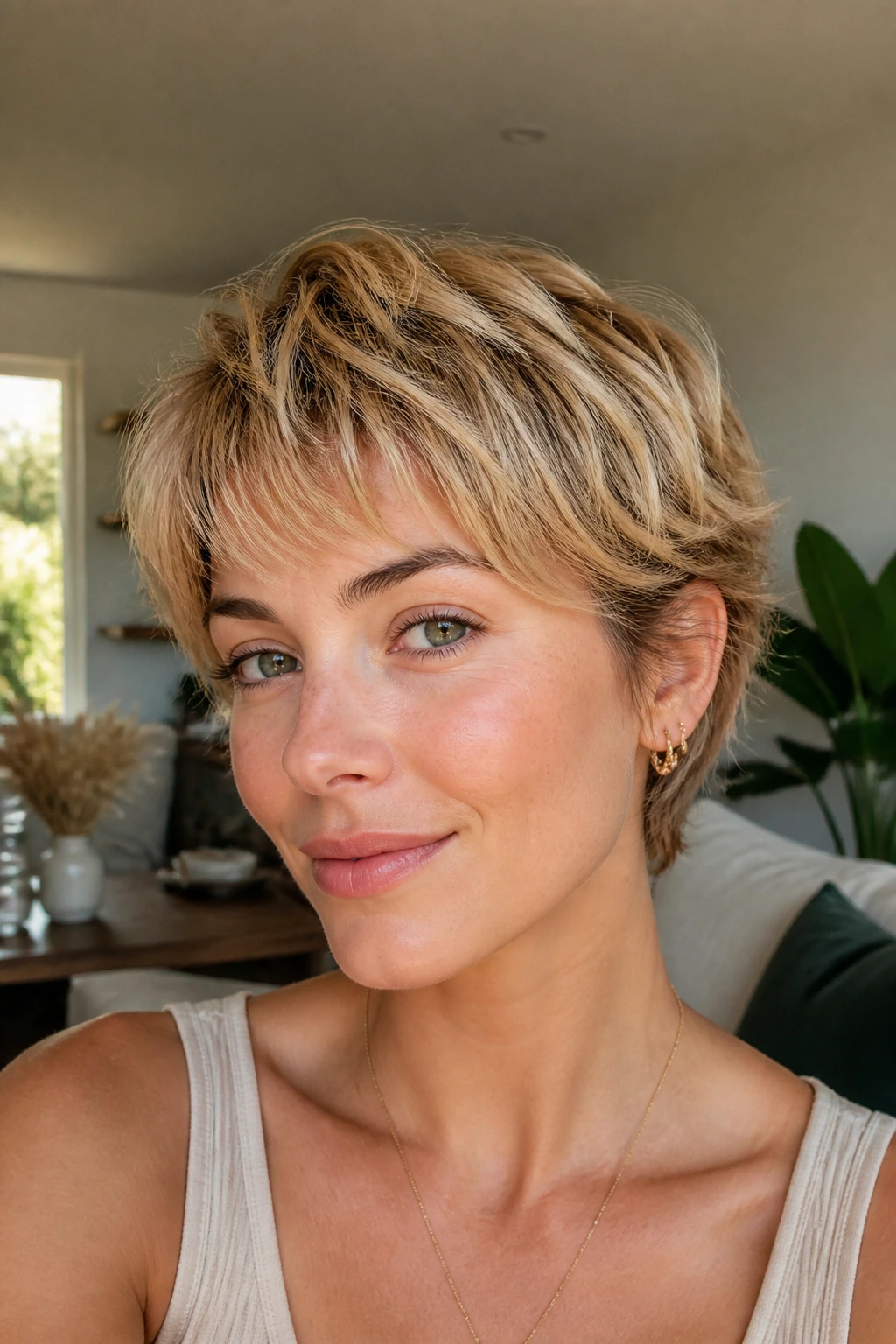 Close-up of a real woman with a honeyed bixie cut, soft fringe, warm honey-blonde texture