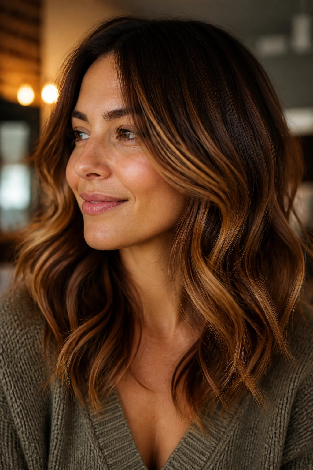 Real person with honeyed bourbon balayage in layered waves