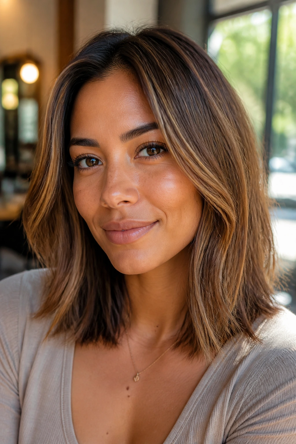 Close-up of a real woman with honeyed brown lowlights creating soft contrast.