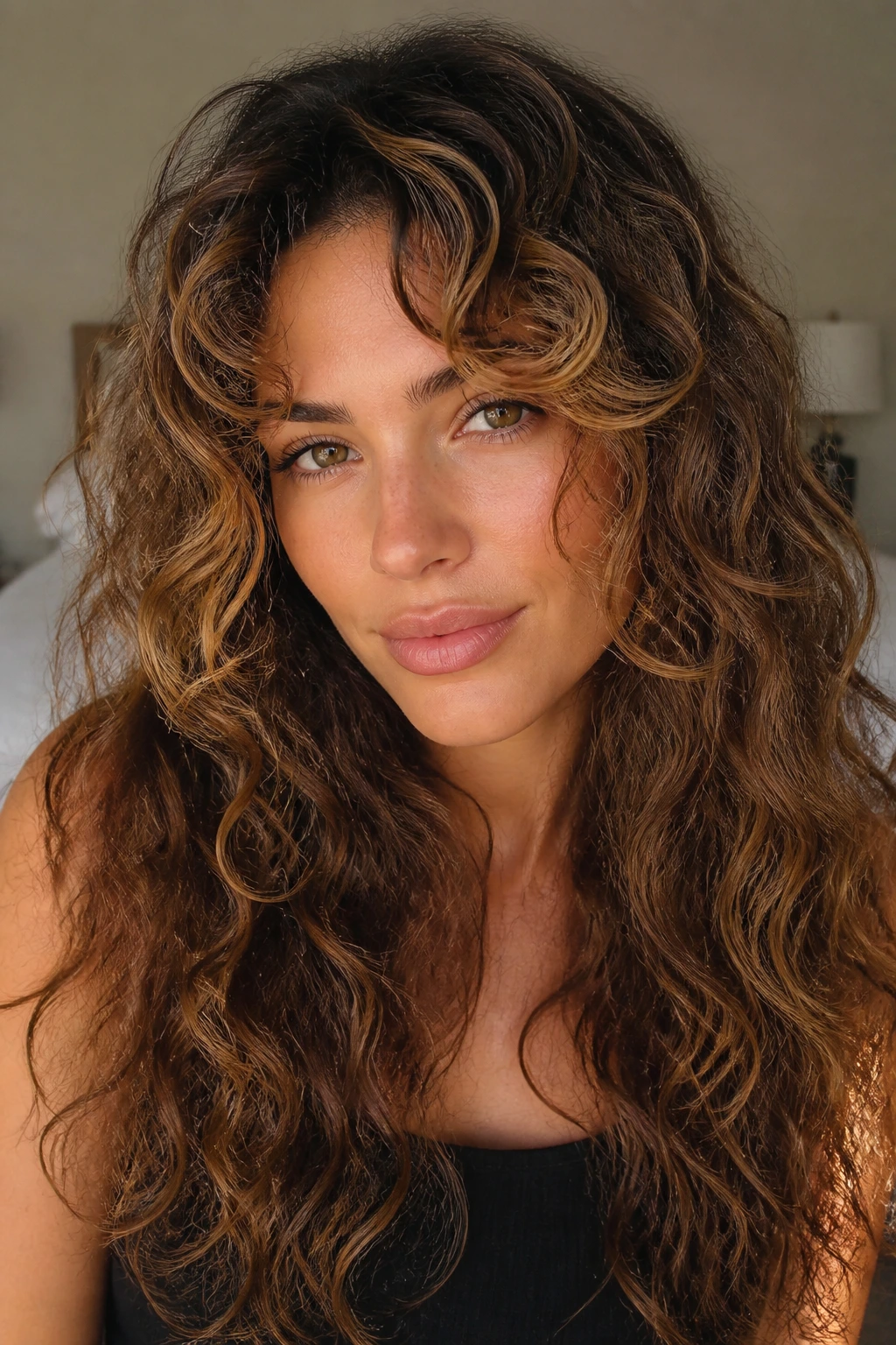 Close-up of a real woman with honeyed brunette hair and curly curtain bangs