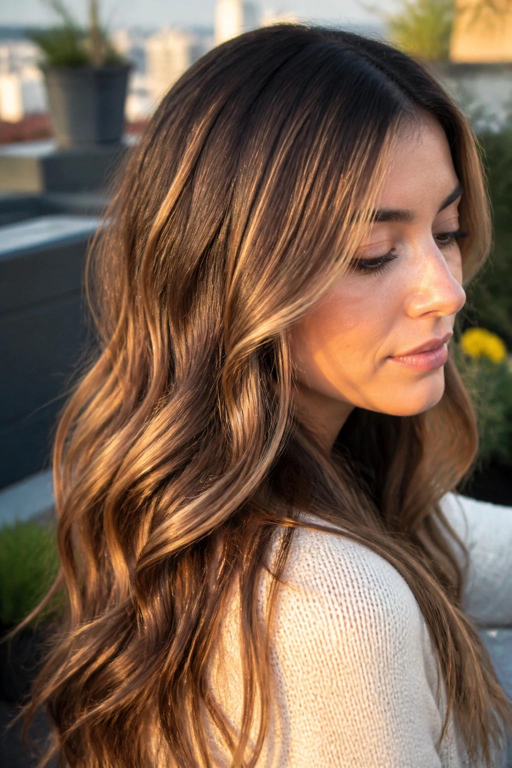 Close-up hair with honeyed brunette ribbons catching light