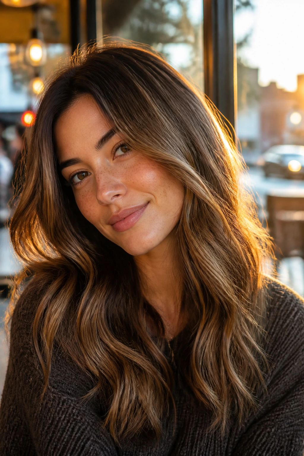 Close-up portrait of a real person with warm honey-toned balayage in loose waves under golden hour light.