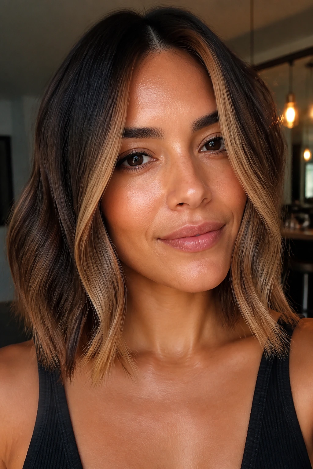 Close-up of honeyed caramel highlights on a lob haircut.