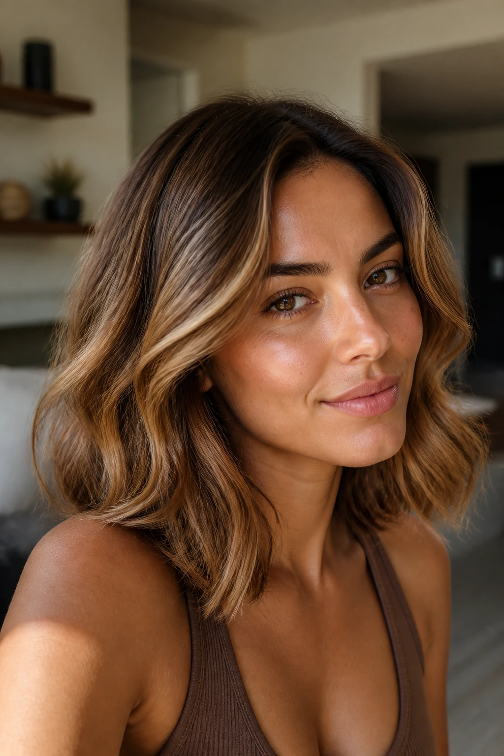 Close-up of olive-skinned woman with honeyed caramel lob in soft bends.