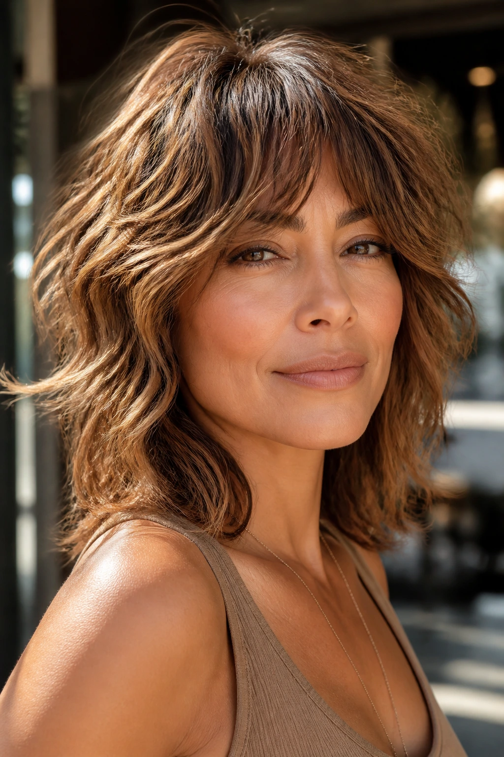 Close-up of a real person with Honeyed Caramel Shag hair, dimensional shag in warm honey tones.