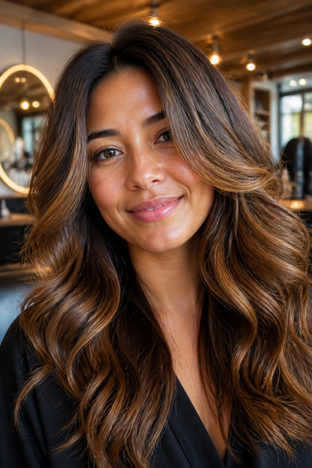 Close-up of a real woman showing honeyed chestnut gloss on warm brunette hair