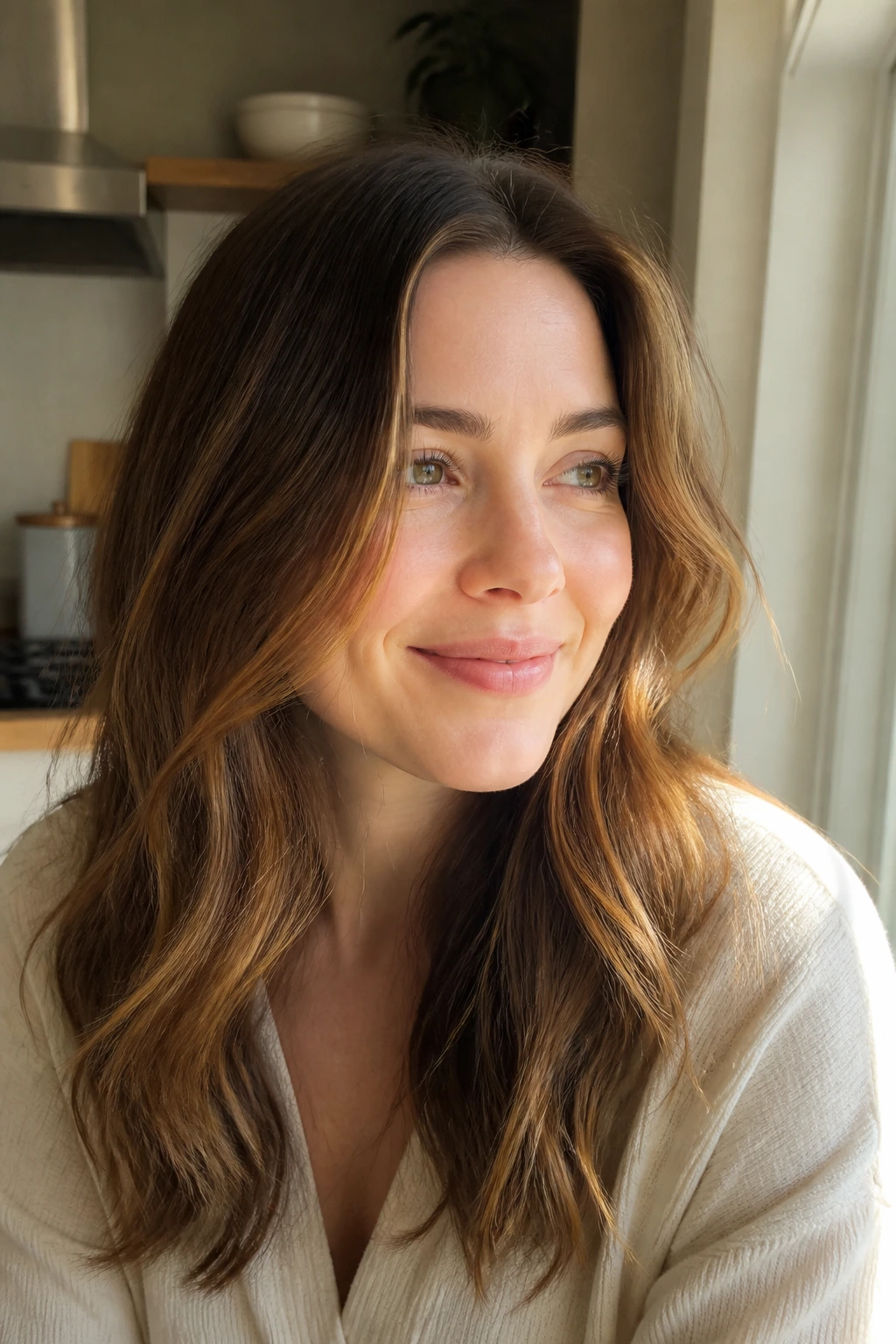Close-up portrait of real woman with honeyed chestnut hair and warm honey tones near the face