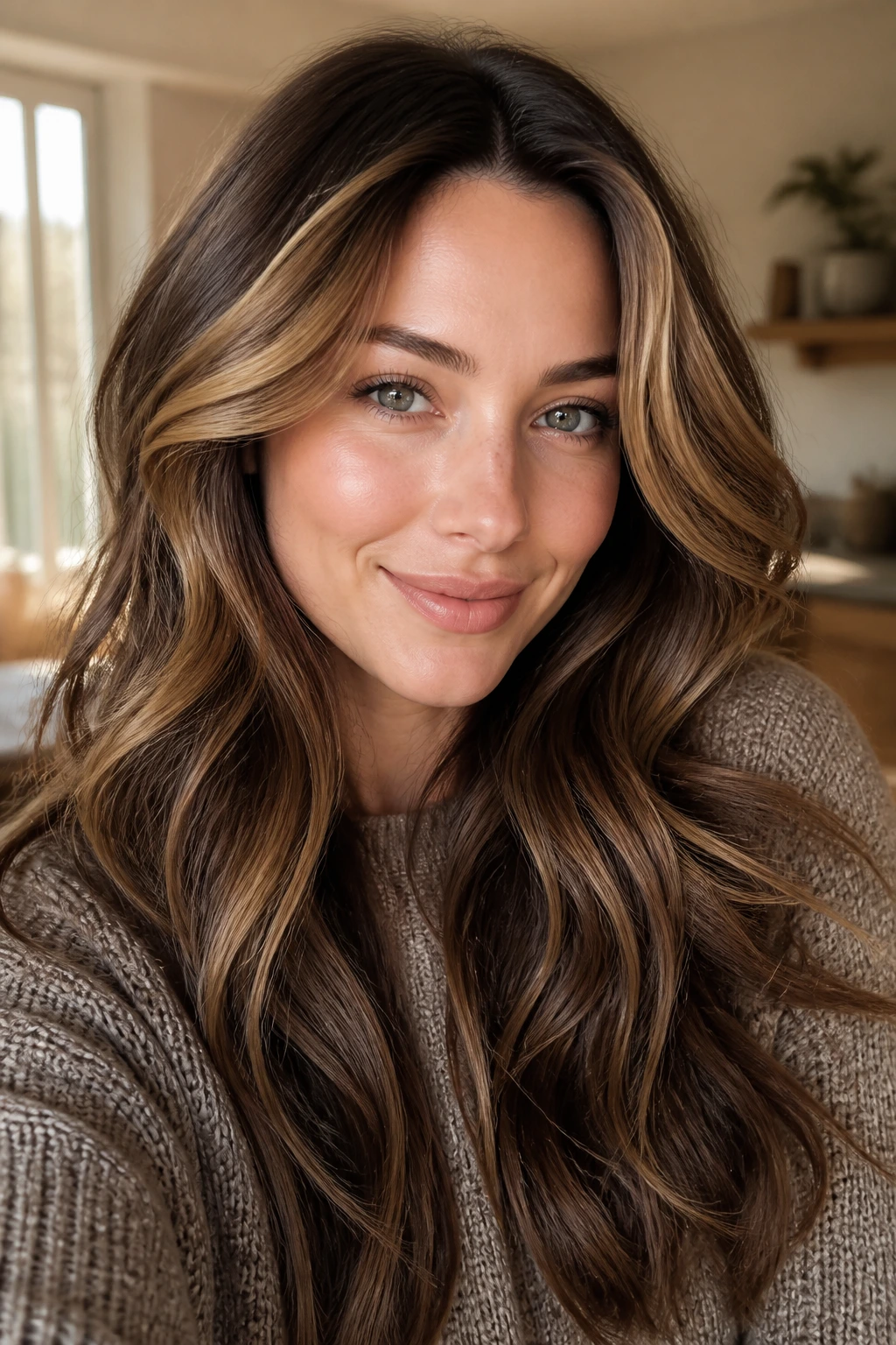 Portrait of woman with honey caramel face-framing lift