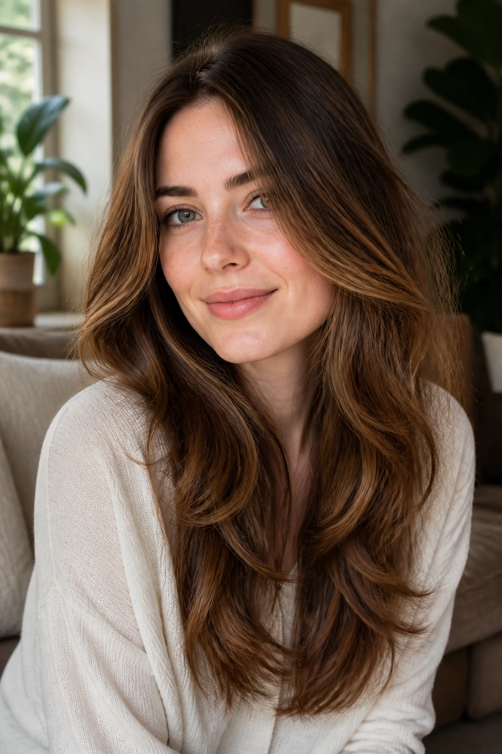Close-up portrait of a real person with layered cocoa-brown hair and honey highlights