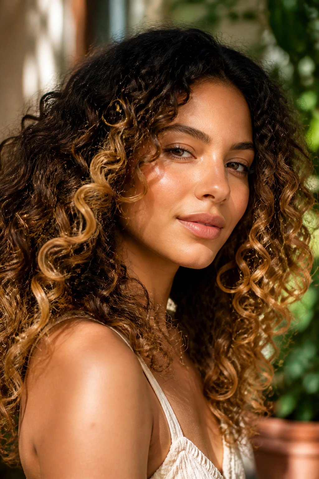 Real woman with honeyed balayage contour on curly hair in natural light.