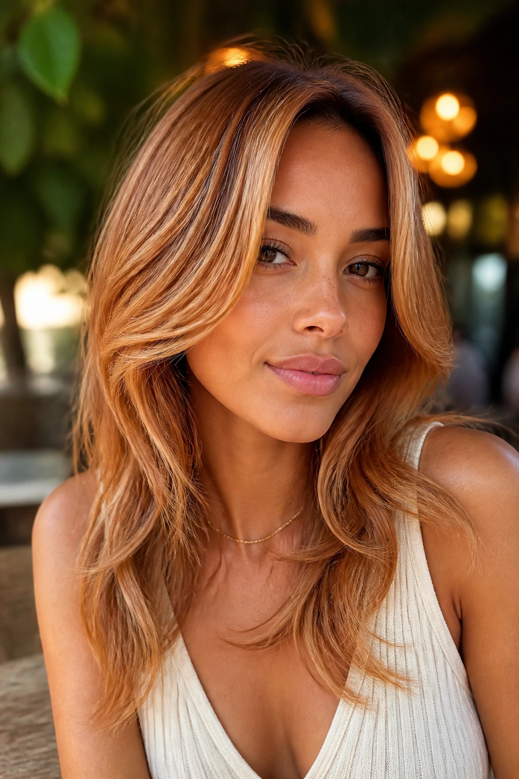 Close-up of a real person with honeyed copper curtain layers framing the face