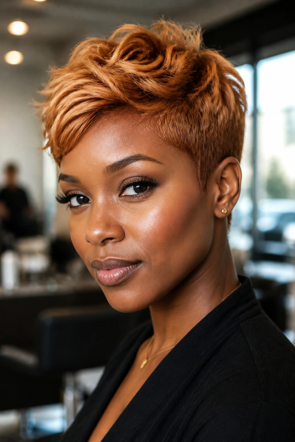 Close-up portrait of a real woman with Honeyed Copper Pixie cut on deepskin.
