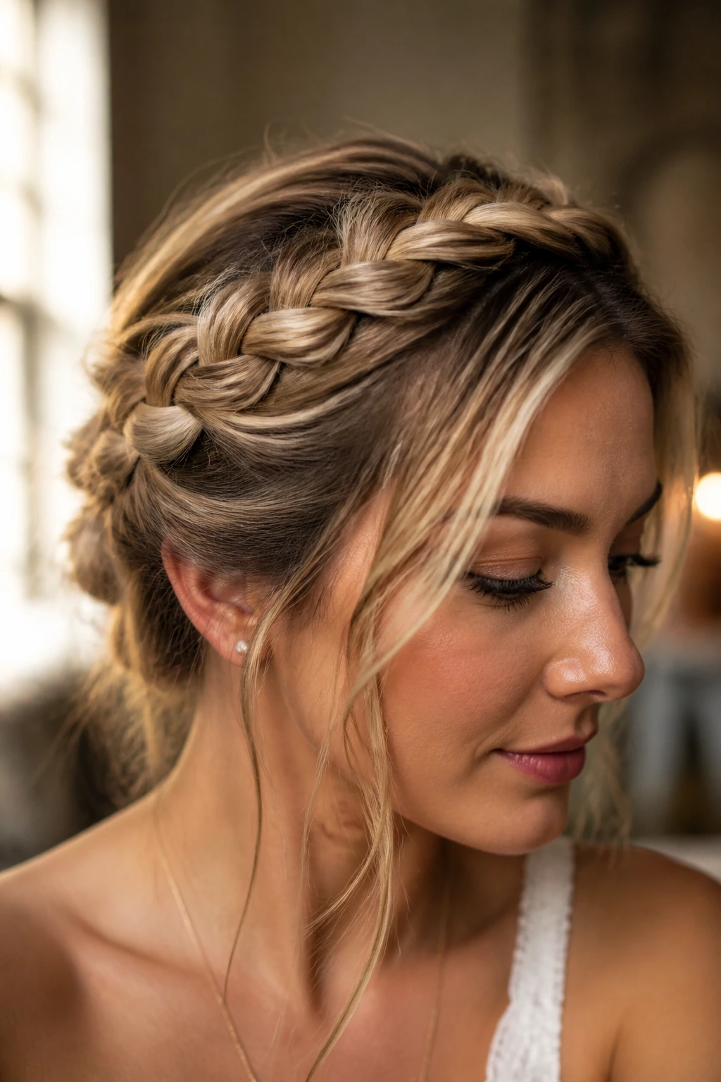 Close-up of a real woman with a crown braid featuring honey-toned strands