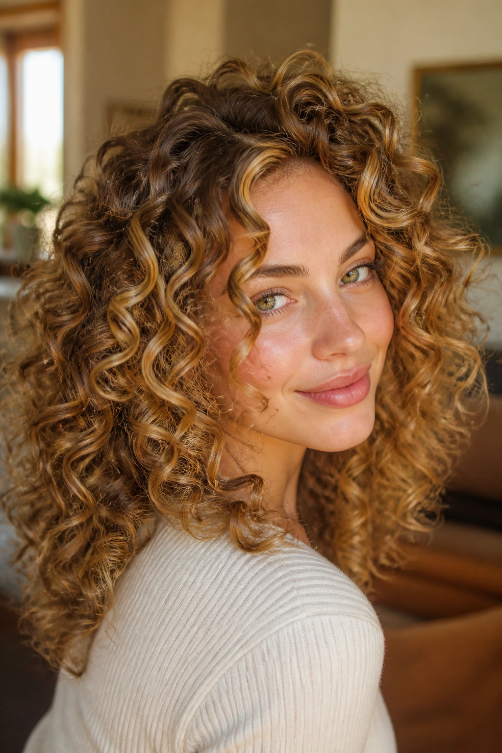 Close-up portrait of a real woman with honeyed spiral curls framing her face in warm natural light