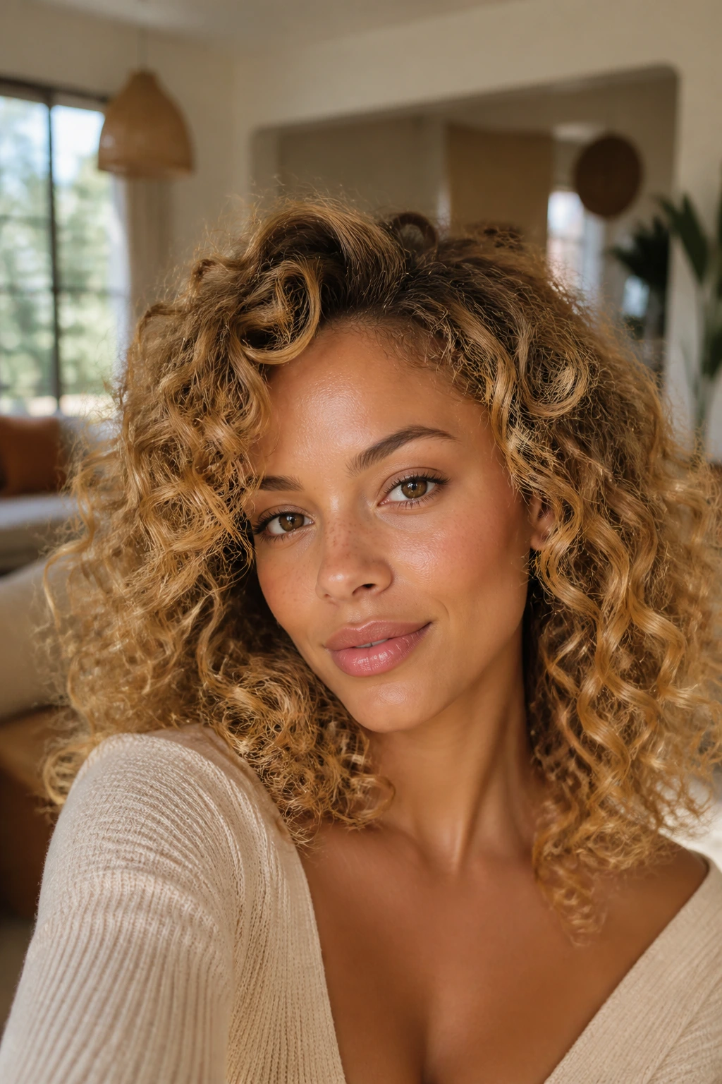 Close-up of a real woman with honeyed blonde curls in warm window light