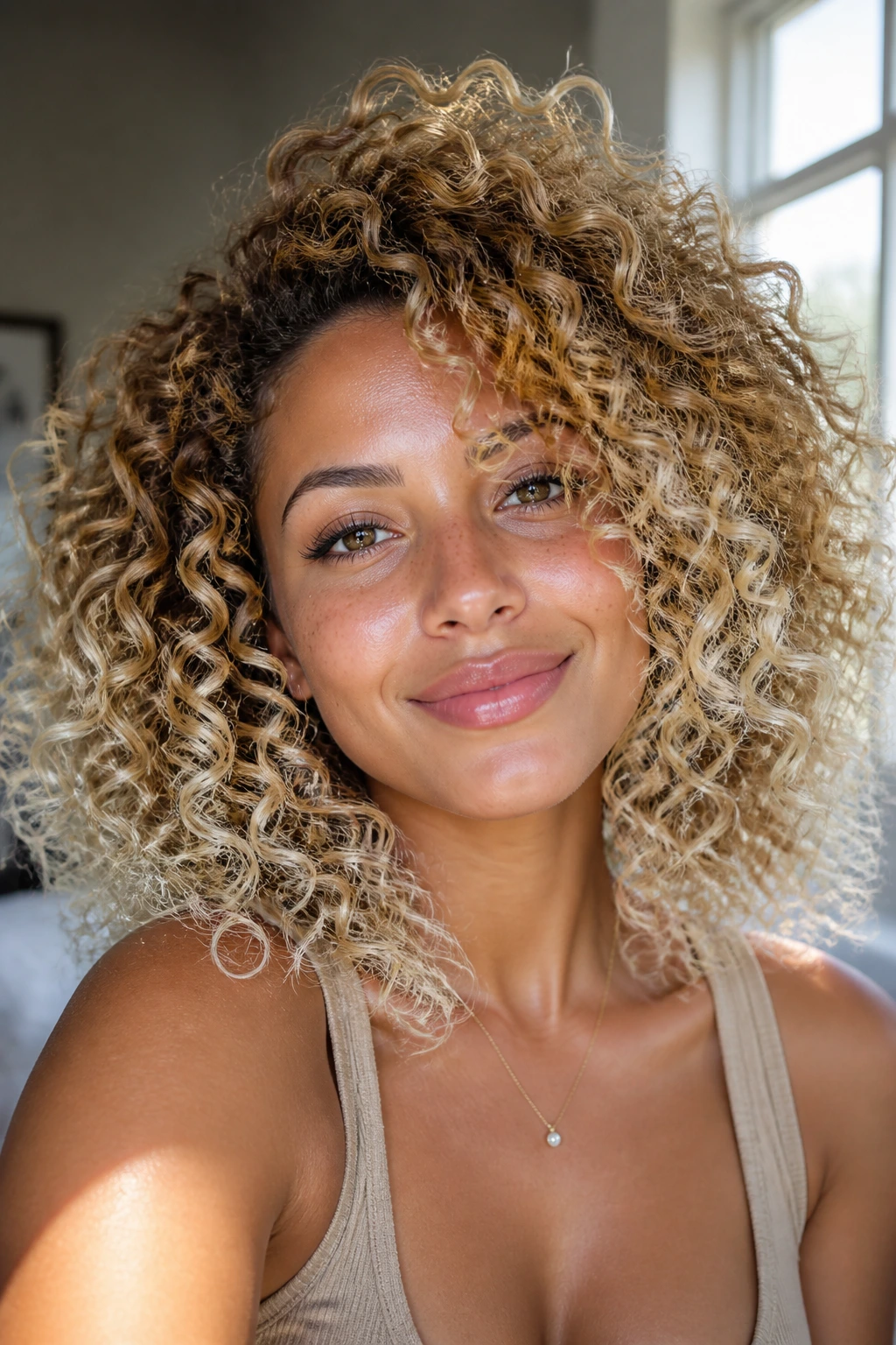 Portrait of a real person with honeyed curly halo hair framing the face